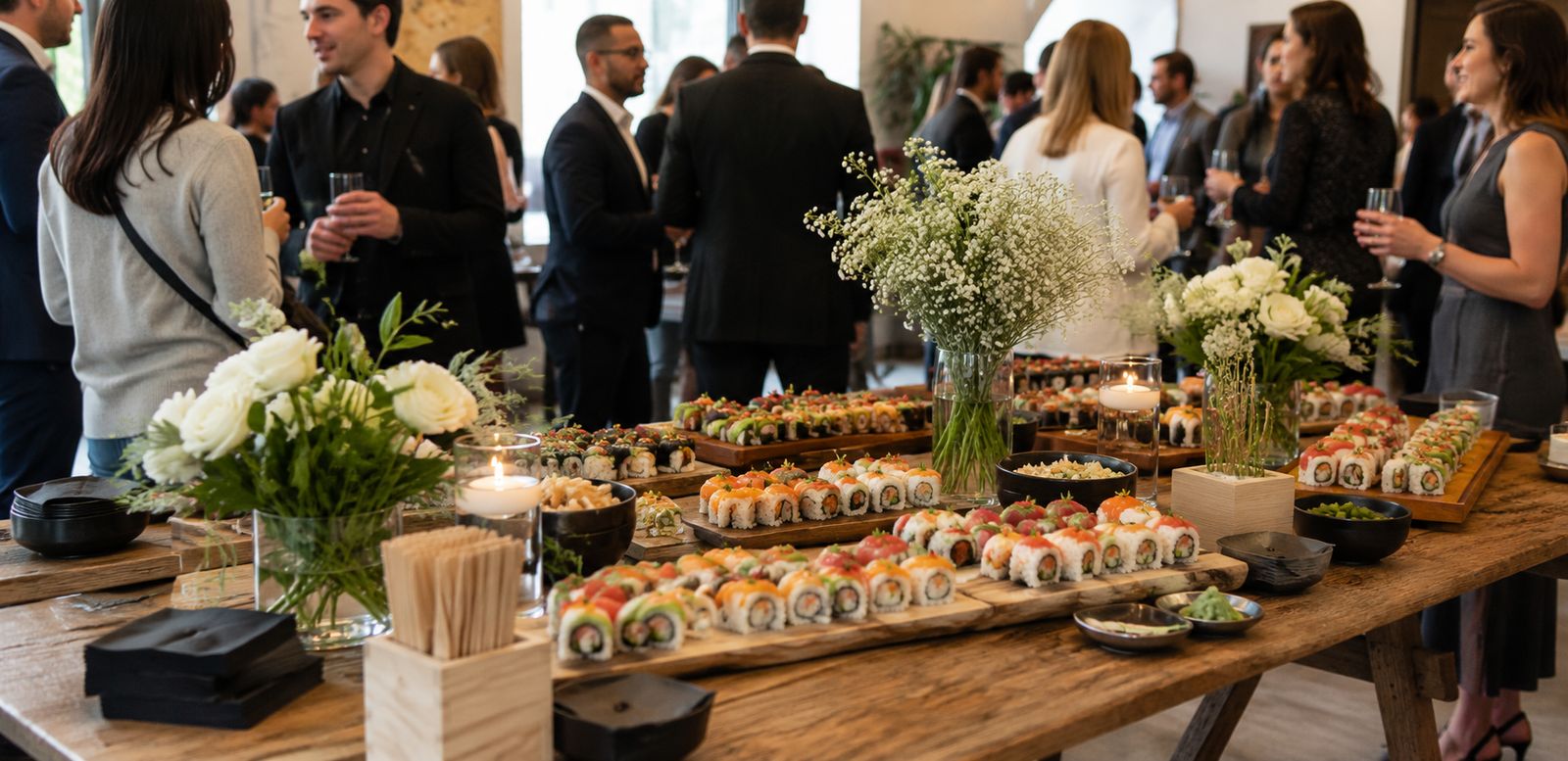 Invités debout autour d'une table de sushis en bois