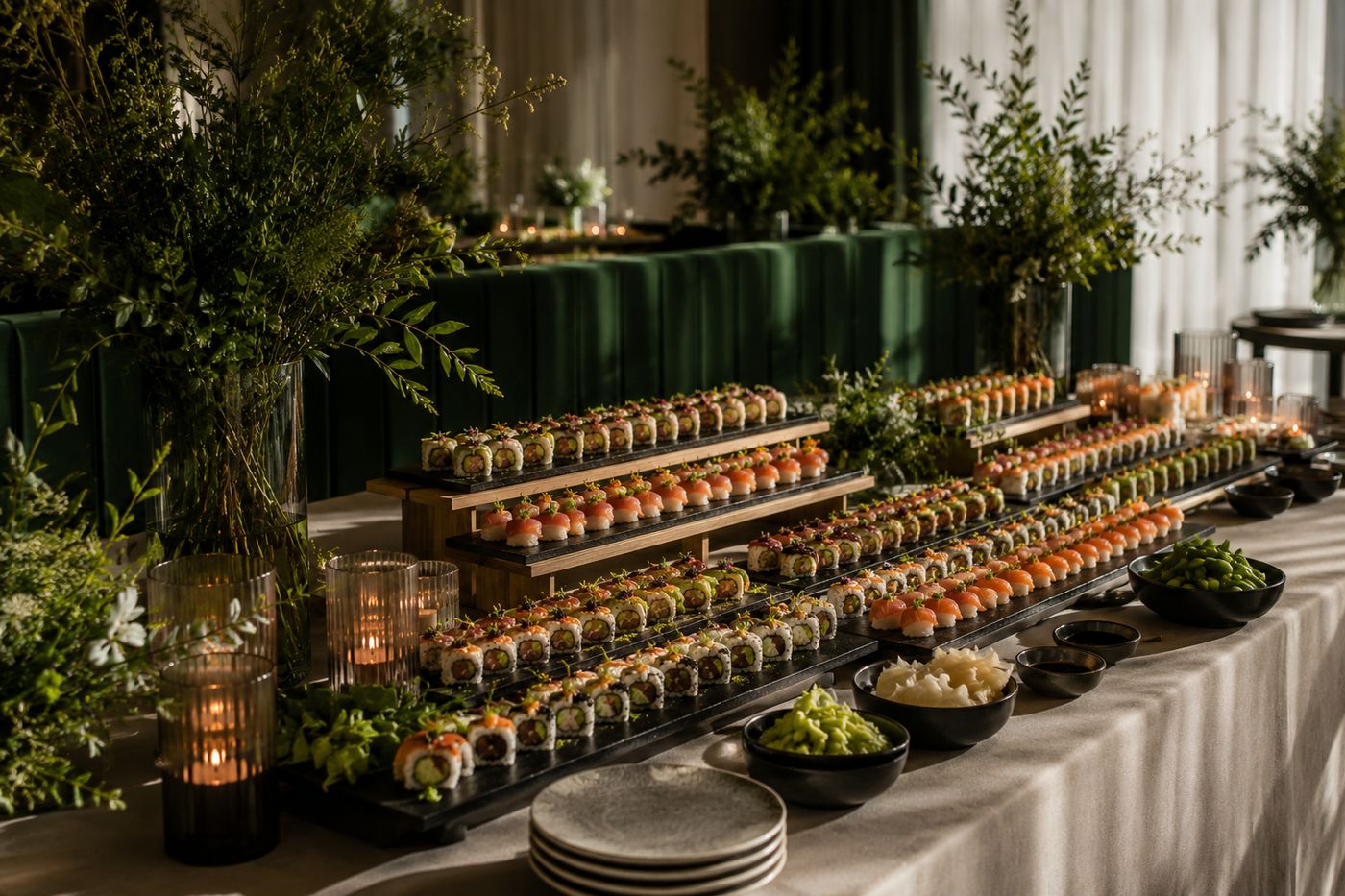 Buffet de sushis sur gradins entouré de verdure