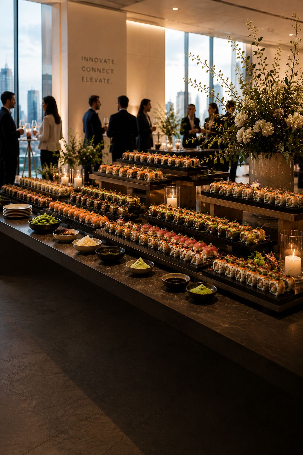 Table de sushis lors d'une réception d'entreprise dans une tour à bureaux
