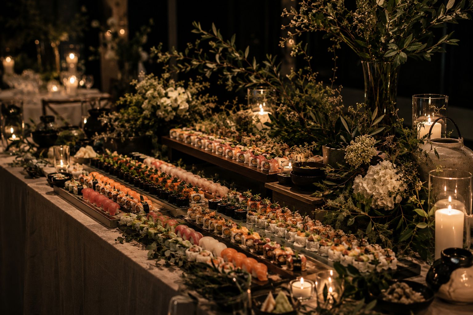 Longue table de sushis éclairée aux chandelles, entourée de verdure