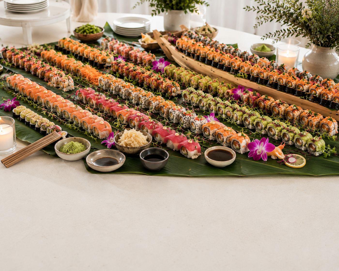 Rangées de rolls colorés sur feuille de bananier