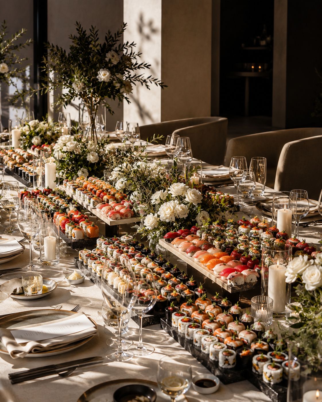 Table de réception avec étagères de sushis et fleurs blanches