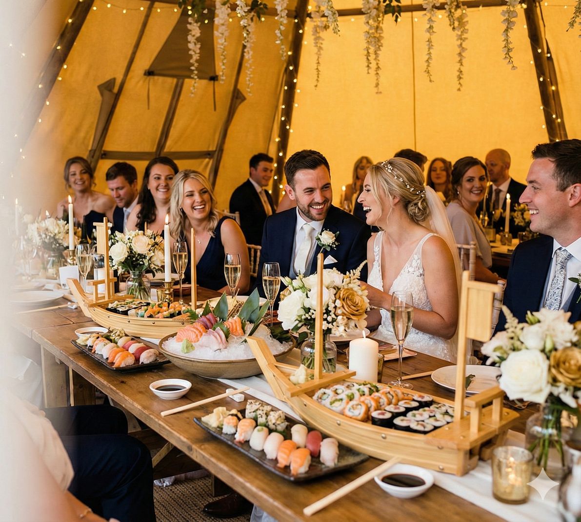 Mariés et invités autour d'une table avec un bateau de sushis